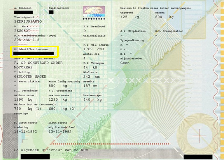 Voorbeeld vin kentekenbewijs deel 1A