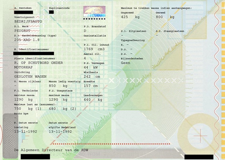 Voorbeeld kentekenbewijs deel 1A